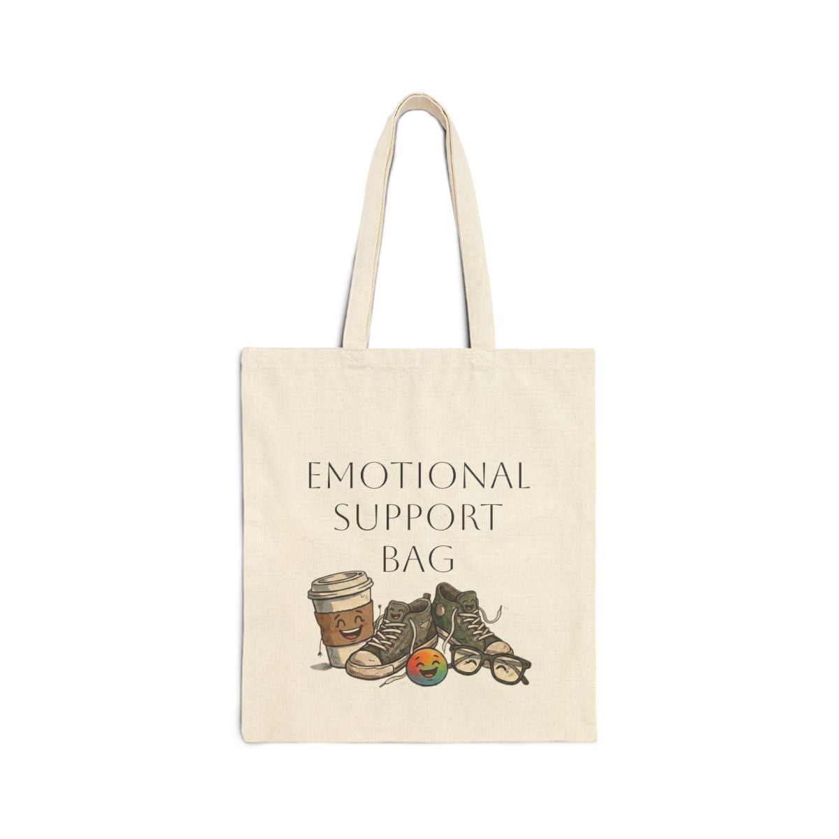 Emotional Support Bag natural canvas tote with coffee cup and sneakers illustration