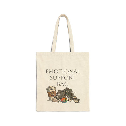 Emotional Support Bag natural canvas tote with coffee cup and sneakers illustration